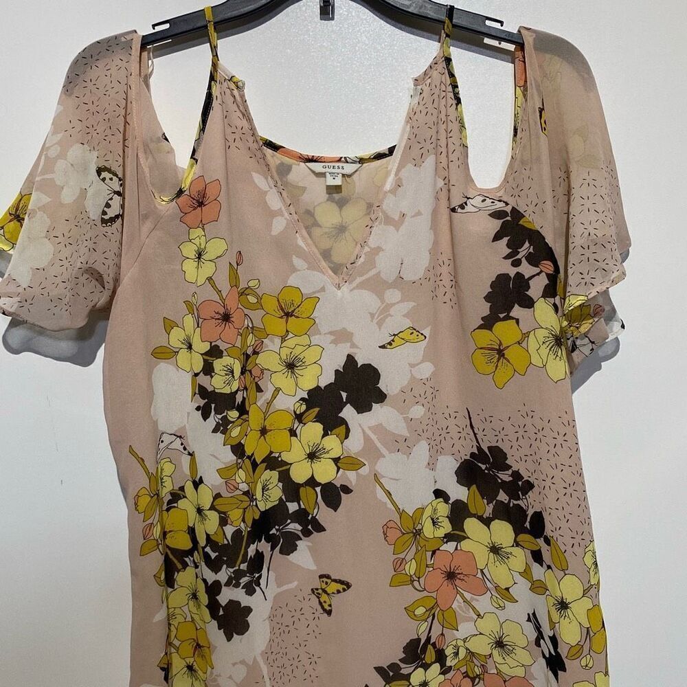 Guess‎ Women's Multicolor Floral Cold Shoulder Sheer Sleeve V-Neck Blouse Medium